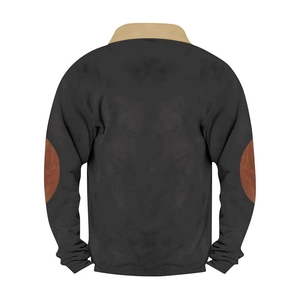 Detail view of men's sweatshirt featuring khaki collar and brown faux suede elbow patches