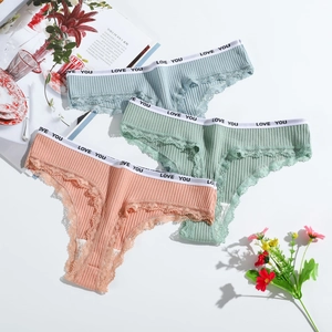 Lot de strings en coton côtelé pour femme avec bordure dentelle et taille LOVE YOU