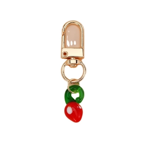 Handmade strawberry fruit keychain with golden metal clasp and green ring accessory