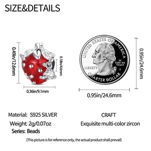 Detailed size chart of S925 silver strawberry charm with red enamel and zircon stones