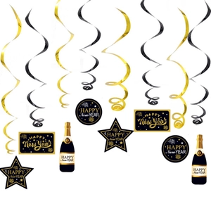2026 Happy New Year party decoration set with gold and black spiral star hanging swirls