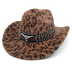 Faux fur leopard print western cowboy hat with studded leather band and silver bull head