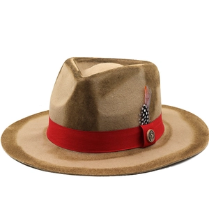 Vintage Pure Wool Felt Fedora Hat Wide Brim Distressed Western Cowboy Jazz Hat With Feather Decor For Men Women