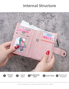 Pink faux leather wallet interior with card slots, photo holder and zipper pocket