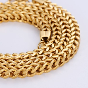 Polished gold Franco square chain necklace in heavy stainless steel for men