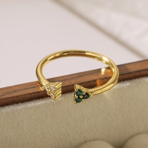 Adjustable gold plated geometric ring with white and green zircon triangle setting