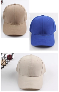 Detailed view of casual twill cotton baseball caps in khaki, blue, and cream colors