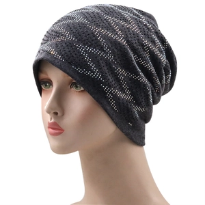 Deep grey slouchy beanie for women with shimmering rhinestone wave patterns