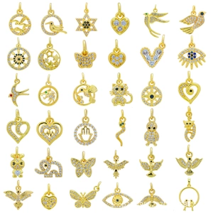 Zircon Charms Pendants 18K Gold Plated Copper DIY Animal Bird Butterfly Heart Evil Eye For Necklace Making
