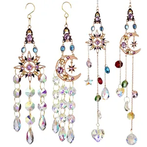 4-piece colorful crystal suncatcher set with gold sun and moon shapes for home decor