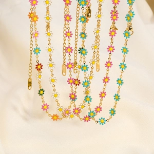 Damen Edelstahl Halskette 18K Vergoldet Bunte Emaille Gänseblümchen Blume Anhänger Süßer Böhmischer Stil Schmuck