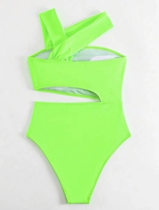 Detail shot of neon green one-piece swimsuit featuring side cut-outs and a halter neckline