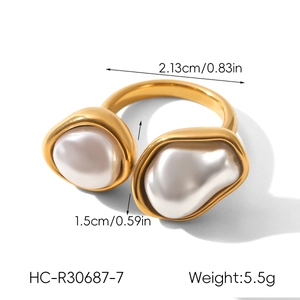 Detail view of gold stainless steel open ring with two baroque pearls and size dimensions
