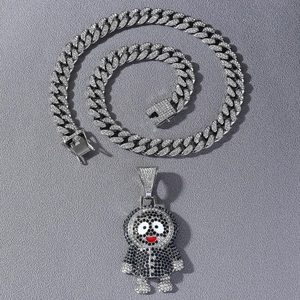 Hip hop silver Cuban link chain necklace with iced-out cartoon astronaut pendant for men