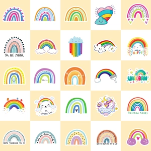 Collection of 50 Bohemian rainbow stickers with creative cartoon patterns and motivational quotes