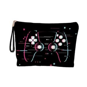 Portable gamer cosmetic bag featuring a neon game controller print on black fabric