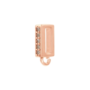Detailed view of rectangle rose gold pendant clasp with five micro-pave zircons