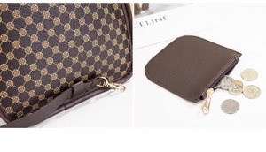 Detail view of brown floral print crossbody bag with matching semi-circle coin purse