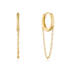 Detail of S925 sterling silver gold-plated drop earrings with slim chain tassels