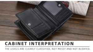 Interior detail of men's short wallet showing multiple card slots and ID window