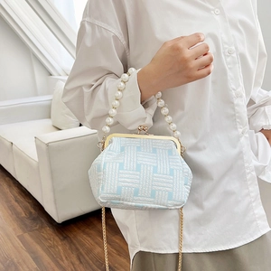 Light blue shell bag with pearl handle and chain strap shown on a female model