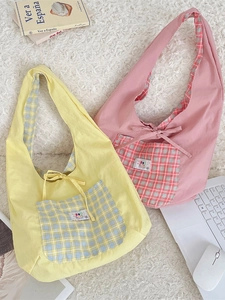Summer literary plaid reversible canvas shoulder vest bag with light college style