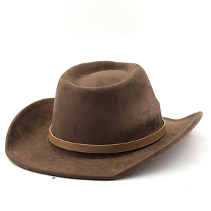 Detailed view of the dark brown suede felt texture and leather band on the cowboy hat