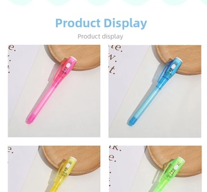 Detailed set of four colorful UV invisible ink pens with built-in LED lights on desk