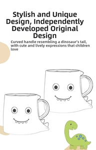 Detail of creative dinosaur handle and smiling face on white ceramic children cup