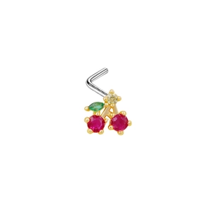 L-shaped cherry nose stud with red and green cubic zirconia in gold and silver finish