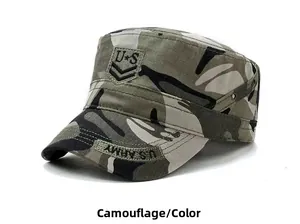 Detailed view of camouflage flat top cap with US army embroidery and durable fabric