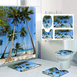 Tropical beach scenery 4-piece bathroom set with palm trees shower curtain and bath mats