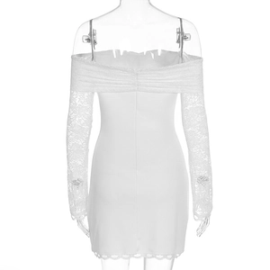 Detail of off-shoulder neckline and sheer lace long sleeves on a white bodycon dress