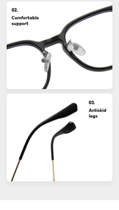 Detail of comfortable nose pads and anti-skid gold metal legs on black square frames