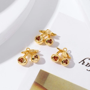 18K gold-plated cherry pendants with red zircon stones and golden leaves for DIY bracelets