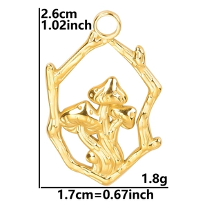 Detailed view of 18k gold plated mushroom pendant with branch frame dimensions and weight