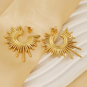 Irregular geometric sunburst hoop earrings in gold finish with mirror polished shine