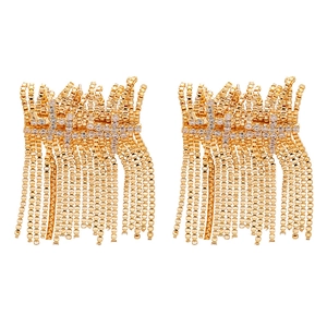 Elegant gold plated wide tassel earrings with zircon cross design on white background