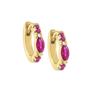 Macro detail of gold huggie earrings featuring marquise-cut rose red zircon stones