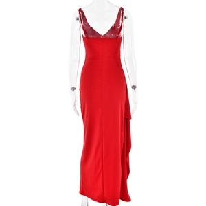 Rear view of a red V-neck maxi dress with elegant ruffles and a stylish side slit detail