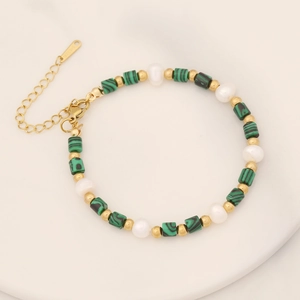 Bohemian natural stone and pearl beaded bracelet with adjustable gold stainless steel chain