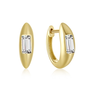 Macro shot of gold square-cut cubic zirconia hoop earrings with polished metal finish