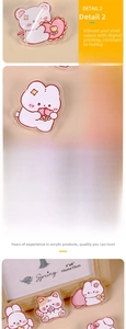 Detail of cute acrylic cartoon pins with animal designs and 2-3mm laser-cut edges