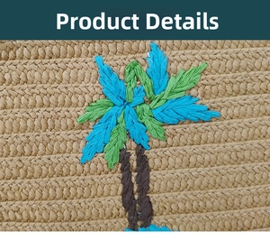 Macro shot of embroidered palm tree detail on natural woven straw clutch bag surface