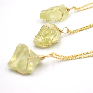 Natural raw citrine crystal wire wrapped pendant necklace with golden finish
