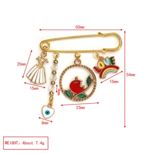 Detailed dimensions of gold evil eye brooch with charms and weight specifications