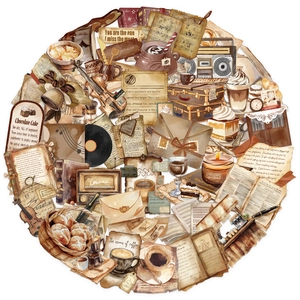 Detail of 50pcs vintage coffee and music waterproof PET stickers for journaling decor