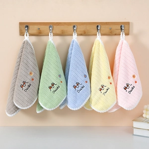 Detailed view of 5-pack soft microfiber kids towels with cute duck embroidery