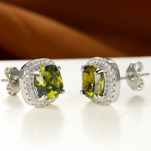 Square cushion cut emerald green stud earrings with halo zircon setting in silver finish