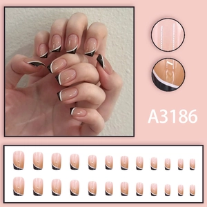 Brown latte gradient press-on nails with French wave pattern and glossy finish 24pcs